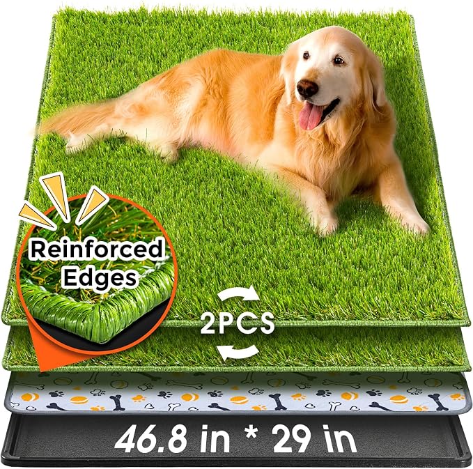 Hompet Dog Grass Pad with Tray Large, 46.8"x29", 2 Reusable Artificial Turf for Dogs Potty, Waterproof Non-Slip Washable Pee Pads, Quickly Absorbency Portable Dog Litter Box for Indoor/Outdoor Use