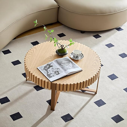 31.49'' Original Wood Color Round Coffee Table for Apartment, Modern Living Room Coffee Table with Sturdy Pedestal Base (Oak, 31.5)