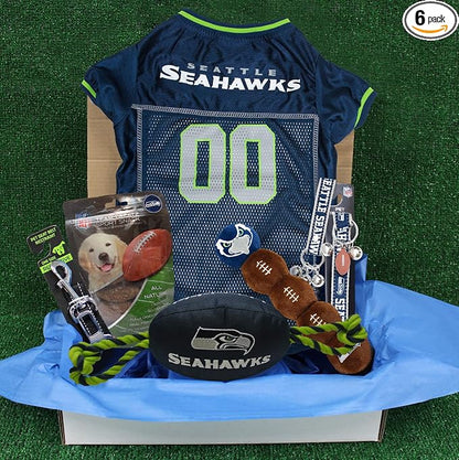 NFL Seattle Seahawks PET GIFT BOX with 2 Licensed DOG TOYS, 1 Logo-engraved NATURAL DOG TREAT, 1 NFL JERSEY, 1 NFL Puppy Training Bells & 1 Car Seatbelt