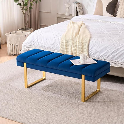 AIITTCC Velvet Ottoman Bedroom Bench, 46.5" Tufted Padded End of Bed Bench with Gold Legs, Upholstered Shoe Bench for Living Room Entryway Window (Navy Blue, 46" Wide)