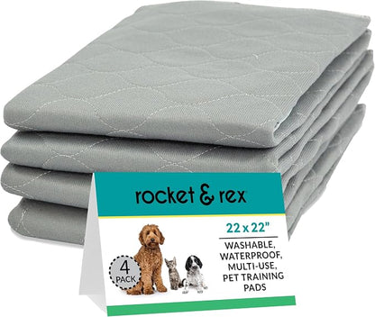 rocket & rex Grey Washable Reusable Pee Pads, Leak-Proof (22x22, 4pk) | For potty training, whelping & crate lining. OEKO-TEX, chemical-free.