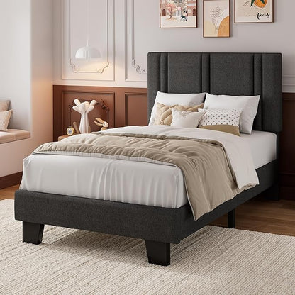 iPormis Twin Platform Bed Frame with Fabric Upholstered Headboard & Thickened Legs, Mattress Foundation with Solid Wooden Slats Support, No Box Spring Needed, Noise Free, Dark Grey