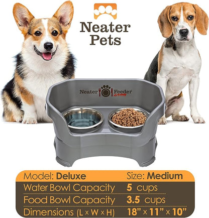 Neater Pet Brands Neater Feeder Deluxe Mess Proof Dog Bowls Elevated for Medium Dogs 19-40 lbs, Made in USA, No Spill Raised Dog Food Bowl Stand Feeding Station, Food and Water Bowl Set, Gunmetal