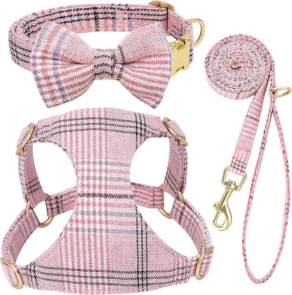 Beirui Cute Extra Small Dog Harness Collar and Leash Set with Bowtie, Soft Adjustable Plaid Puppy Harness for Small Sized Dogs Cats Walks Parties and Photoshoots(Pink,XXS:Chest 12-14")