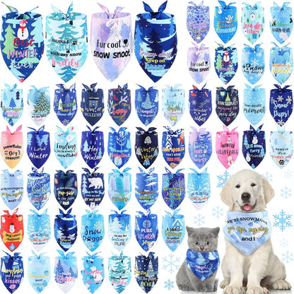Abbylike 50 Pcs Winter Dog Bandanas Bulk Pet Scarfs Triangle Bibs Adjustable Washable Puppy Kerchief Seasonal Pet Costume Accessories Grooming Supplies for Small Medium Large Dogs Cats