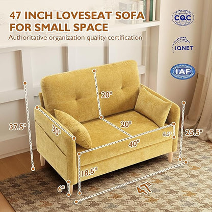 47" Small Sofa Couch for Bedroom, Soft Chenille loveseat Mini Couch with Throw Pillow and Removable Cushion Cover for Small Spaces, Living Room, Apartment, Dorm, Office(Yellow)