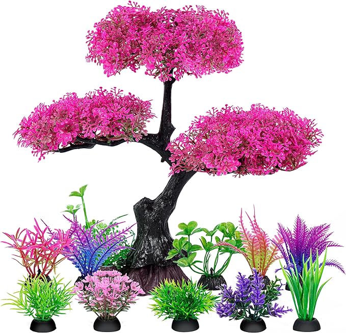 Ameliade Aquarium Artificial Plastic Plants Decoration, Pink Cherry Blossom Tree Aquarium Decor Set, Goldfish Betta Fish Tank Decorations Hides Accessories（Pink
