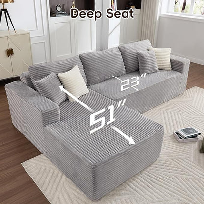 108" Boneless Couches for Living Room, Modular Sectional Sofa with Oversized Chaise, L-Shape Cloud Couch with Deep Seat, High-Density Memory Foam, No Assembly Required, Plush Corduroy Grey