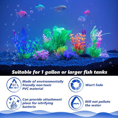 Ameliade Fish Tank Decorations Aquarium Artificial Plastic Grass Plants Decor Small Betta Goldfish Turtle Tank Accessories （11 Pieces）