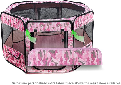 Pawer 45”×24” 8-Panel Foldable Pet Playpen, Pink Camouflage Pattern, Personalize Fabric Piece Available, for Cat/Dog/Puppy, 600D Oxford Cloth Portable Indoor & Outdoor Kennel with Carry Bag