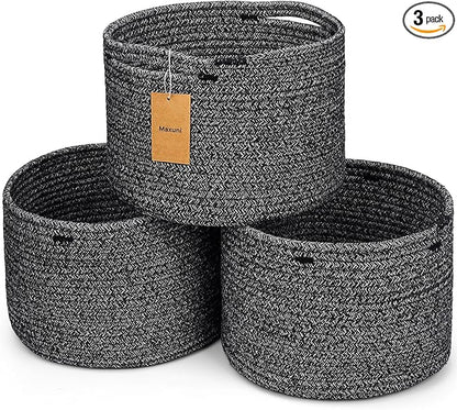 Small Rope Baskets for Storage, Baskets for Gifts Empty, Cute Round Woven Basket, Decorative Shelf Baskets 9.82×9.82×7.1", Cotton Toy Basket Storage Bins for Organizer 3 Packs Black