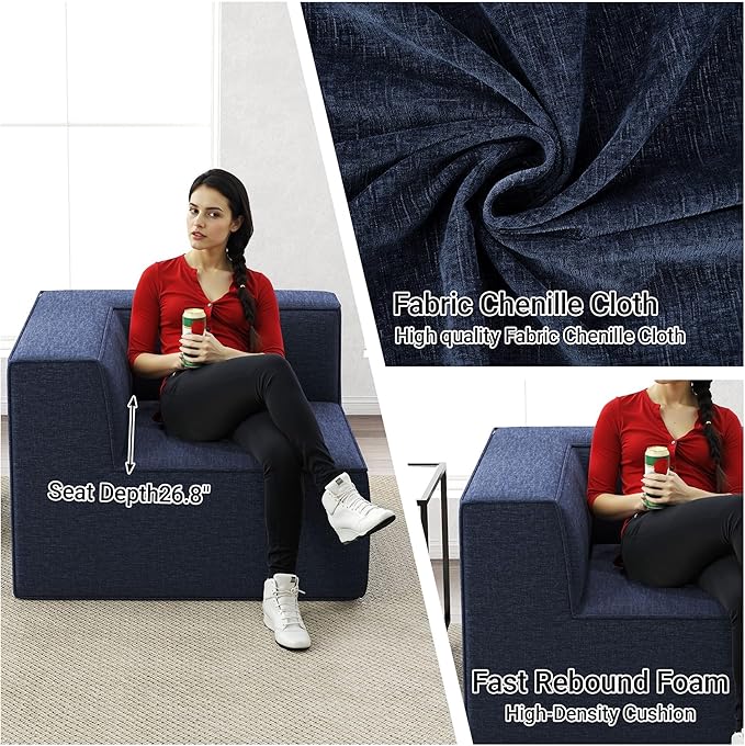 38“ Modular Sectional Sofa Convertible Cube Couch Seat Set, Combine L-Shaped U-Shaped, Free Assembly, Space-Saving for Living Room, Thick Foam Fabric Chenille Blue (Only Corner)