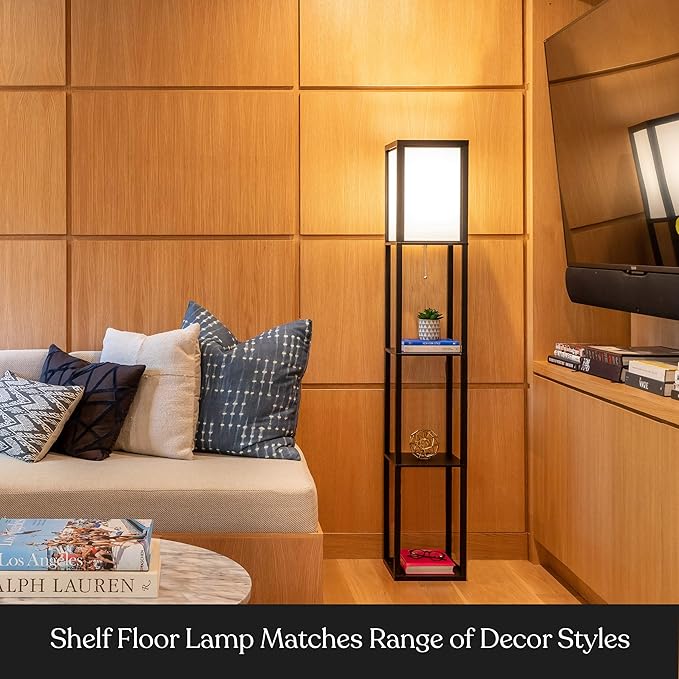 Brightech Maxwell - Modern Shelf Floor Lamp with Shade and LED Bulb Corner Display Lamps Shelves for Living Room, Bedroom Office Black