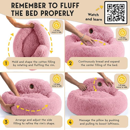 PetJett Calming Medium Dog Bed - 30'' Round Dog Beds, Anti-Slip & Washable Super Soft Fluffy Plush Donut Bed, Anti-Anxiety Premium Comfort Pet Bed, Fits Dogs up to 45 lbs - Pink