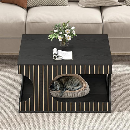 weselon 31.5" Square Coffee Table with Storage, Mid-Century Modern Center Table with Arched Cutouts and Carved Lines, 2-Tier Tea Table for Living Room, Cat-Friendly Base (Black)