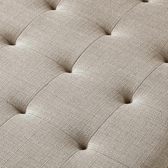 24KF Large Square Upholstered Tufted Linen Ottoman Coffee Table, Large Footrest Ottoman with Solid Wood Shelf-Linen