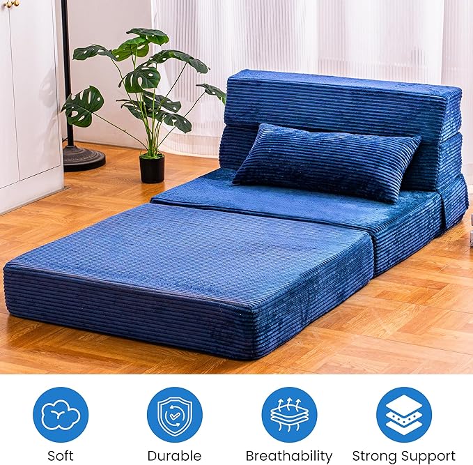Folding Sofa Bed, Convertible Sleeper Chair with Pillow, High Density Memory Foam Fold Out Couch, Foldable Mattress Futon Sofa for Living Room/Dorm/Guest Use/Apartment/Home Office