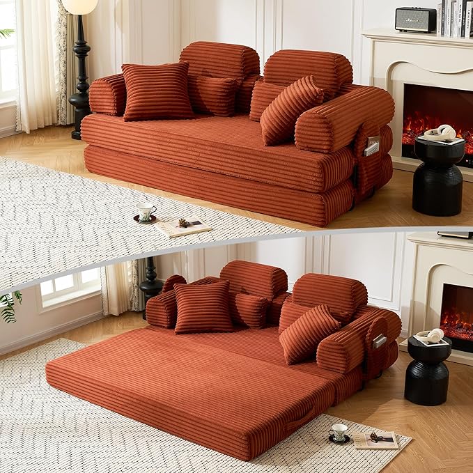 Convertible Sofa Bed,79'' Foldable Sleeper Lounge Modular Couch Comfort Compression Sofa Loveseat for Small Spaces Comfort for Apartment Bedroom (Corduroy Fabric, Orange1)