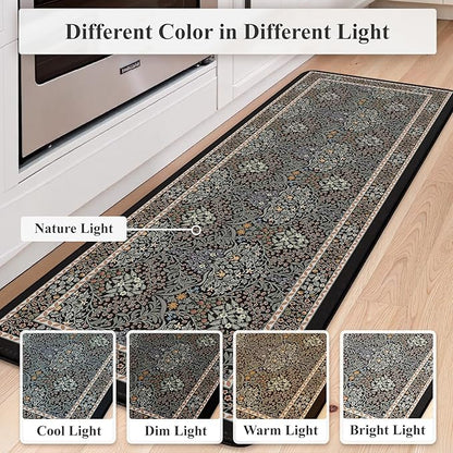 Collive Kitchen Mats for Floor, Cushioned Anti Fatigue Mat Floral Rugs 2 Piece Non Skid Waterproof Sink Rug, Memory Foam Comfort Standing Mat for Office, Laundry, Desk, Black/Mulit