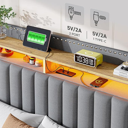 EnHomee Twin Size Bed Frame with One Large Storage Headboard & Charging Station, LED Platform Bed Frame with Storage Drawer, Sturdy Wooden Slats Support, Noise-Free, No Box Spring Needed, Grey