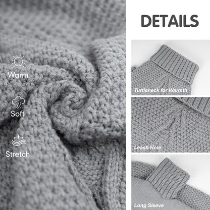 cyeollo Turtleneck Dog Sweater Knitted Cable Sweaters with Leash Hole Winter Pet Clothes Pet Small Dog Sweaters, Grey XL