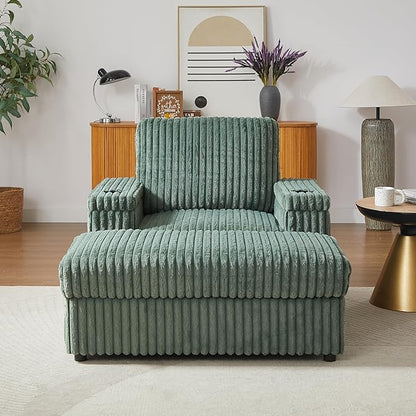 Eafurn 42.5" Oversized Accent Chair with Storage Ottoman Convertible Chaise Lounge, Corduroy Cloud Sofa Chair w/Cupholders, Modern Extra Wide Armchair