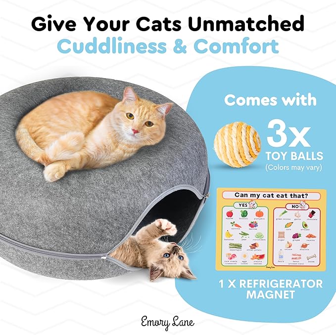 Emory Lane - Premium Cat Cave, Multifunctional Donut Tunnel Bed, Round Felt Cave with Zipper, for Pets up to 40 Lbs (24x24x11 Inch) (Dark Gray)