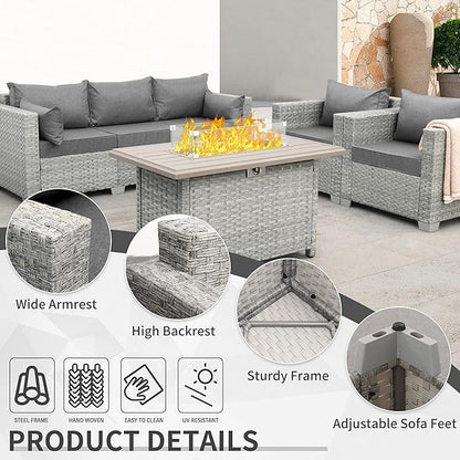 WAROOM Patio Furniture Set 4 Piece Wicker Conversation Sets PE Rattan Chair Outdoor Couch Sectional Sofa with Fire Pit Table, Grey Cushion