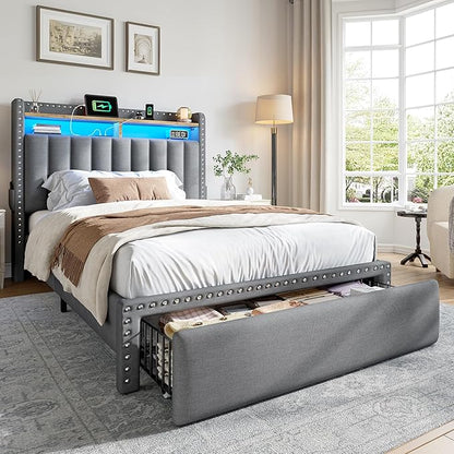 EnHomee Twin Size Bed Frame with One Large Storage Headboard & Charging Station, LED Platform Bed Frame with Storage Drawer, Sturdy Wooden Slats Support, Noise-Free, No Box Spring Needed, Grey