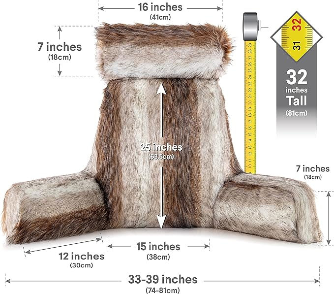 Husband Pillow XXL Rare Baby Coyote Fabulous Faux Fur Backrest, 2-Tone Reversible Double Sided Reading & Bed Rest Pillow with Arms & Neck Roll, Adjustable Memory Foam - Sit Up Extremely Comfy