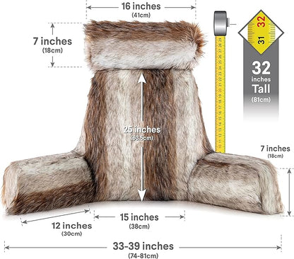 Husband Pillow XXL Rare Baby Coyote Fabulous Faux Fur Backrest, 2-Tone Reversible Double Sided Reading & Bed Rest Pillow with Arms & Neck Roll, Adjustable Memory Foam - Sit Up Extremely Comfy