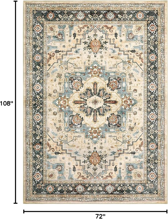 Area Rugs for Living Room 6x9 - Machine Washable Vintage Oriental Soft Rug, Low Pile Thin Floor Carpet with Non Slip Backing for Bedroom, Dorm, Under Dining Room Table, Indoor House, Office Decor
