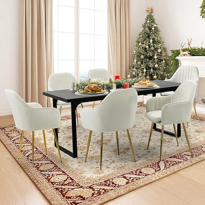 ECOTOUGE Modern Dining Chairs Set of 6, Upholstered Armchairs with Golden Metal Legs, Matte Velvet Kitchen Chairs for Dining Table, Accent Chairs for Living Room, Beige