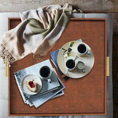 HofferRuffer Extra Large Square Serving Tray, Elegant Faux Leather Ottoman Tray with Gold Hardware Handles, Serve Tea, Coffee or Breakfast in Bed, 24 x 24 inches (Brown Shagreen)