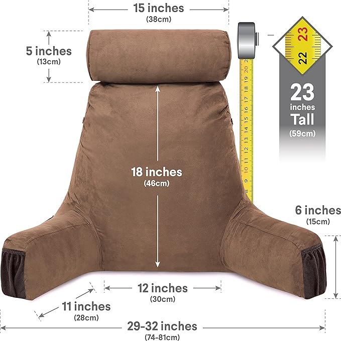 Husband Pillow Medium Aspen Edition Saddle Brown, Sit Up Reading & Bed Rest with Arms, Ultra-Comfy, Detach Neck Roll - Premium Shredded Memory Foam Backrest, Reverses to Micro: Suede or Plush