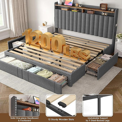 EnHomee King Size Bed Frame, Upholstered King Bed Frame with 4 Storage Drawers & 2-Tier Headboard Shelves, 1200LBS Heavy Duty, No Box Spring Needed, Easy Assembly, Grey