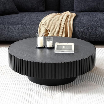 35.43''/90CM Round Wood Coffee Table for Living Room, Modern Handcraft Drum Tea Table, Circle Wooden Coffee Table for Small Space Apartment(Black, Ø35.43 x 13.77)