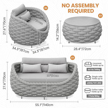 Erotr Woven Rope Patio Sofa Furniture Set of 4: Aluminum All Weather Outdoor Conversation Set, Couch Armchair and Loveseat Set with Table Cushions for Deck Porch Poolside Garden Backyard Hotel - Gray