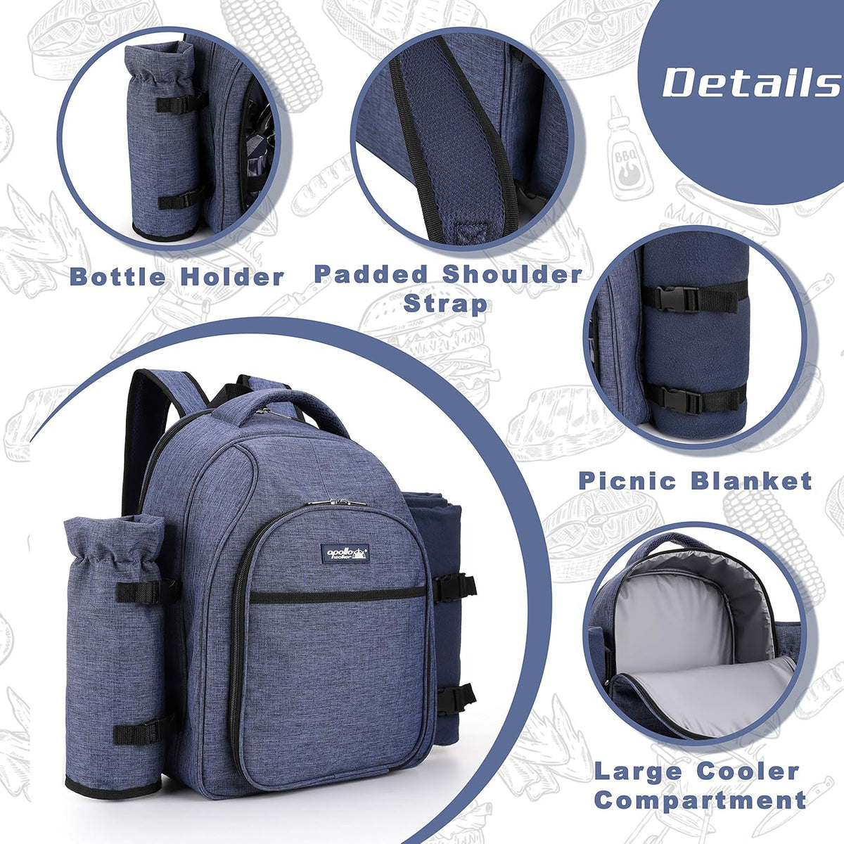 Apollo Walker Picnic Backpack Bag for 2 Person with Cooler Compartment, Detachable Bottle/Wine Holder, Fleece Blanket, Plates and Cutlery Set (2 Person, Navy)