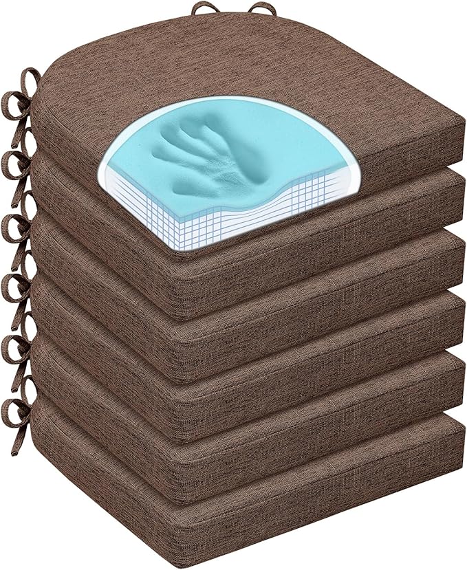 Chair Cushions for Dining Chairs, Non Slip Chair Pads with Ties and Washable Covers, Memory Foam Kitchen Chair Cushions Set of 6, 16"X16"X2.5", Brown