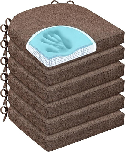 Chair Cushions for Dining Chairs, Non Slip Chair Pads with Ties and Washable Covers, Memory Foam Kitchen Chair Cushions Set of 6, 16"X16"X2.5", Brown