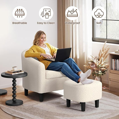 Yaheetech Accent Chair and Ottoman Set, Modern Fuzzy Sherpa Barrel Chair and Footrest, Comfy Boucle Armchair and Footstool for Living Room/Bedroom/Reading Room/Guestroom, Ivory