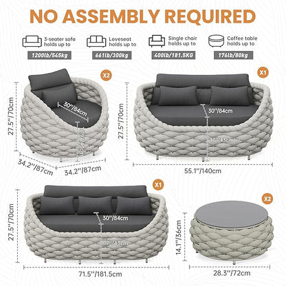 Erotr Patio Conversation Deck Furniture Sets: 6-Piece Aluminum Woven Rope Outdoor Sofa Set - Modern Cushions Couch Set - No Assembly Metal Porch Seating for Deck Yard Garden Lanai Pool Hotel Resort