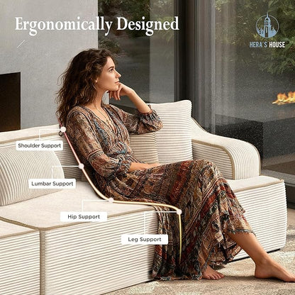 HERA'S HOUSE 105" Cloud Sectional Couch, Modular Upholstered Sofa with Wide Armrest, Corduroy Boneless Couches with 4 Throw Pillows for Living Room, No Assembly Required, Beige