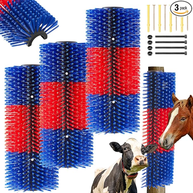 3 Pack Livestock Scratching Brush, Blue and Red | Animal Scratcher, Itch Relief Grooming, Horse Goat Cow Scratcher, Fence Post Mounting, Durable Bristles, Farm Livestock Care
