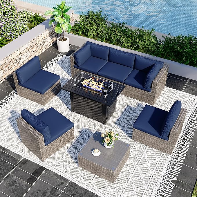 8 Pieces Outdoor Patio Furniture Set with 43" Fire Pit Table, Wicker Outdoor Patio Sectional Sofas Coffee Table, All-Weather Patio Conversation Set with Cushions for Garden Backyard, Navy Blue