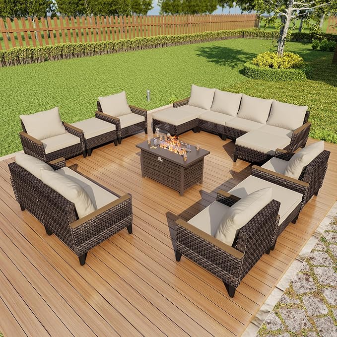15 Pieces Outdoor Furniture Set, Modern Patio Conversation Sets with Fire Pit Table and Armchairs, Wicker Rattan Sofa Couches Chairs Ottomans for Porch, Deck, Balcony, Backyard, Yard (Beige Cushions)