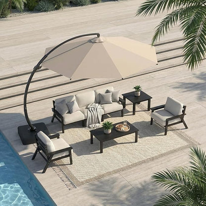 Patio Kingdom 7 Piece Patio Conversation Sets, Outdoor Couch with Washable Thick Beige Cushions, HDPE Patio Furniture Set with 12FT Umbrella, Outdoor Sectional Furniture for Backyard (Black Frame)