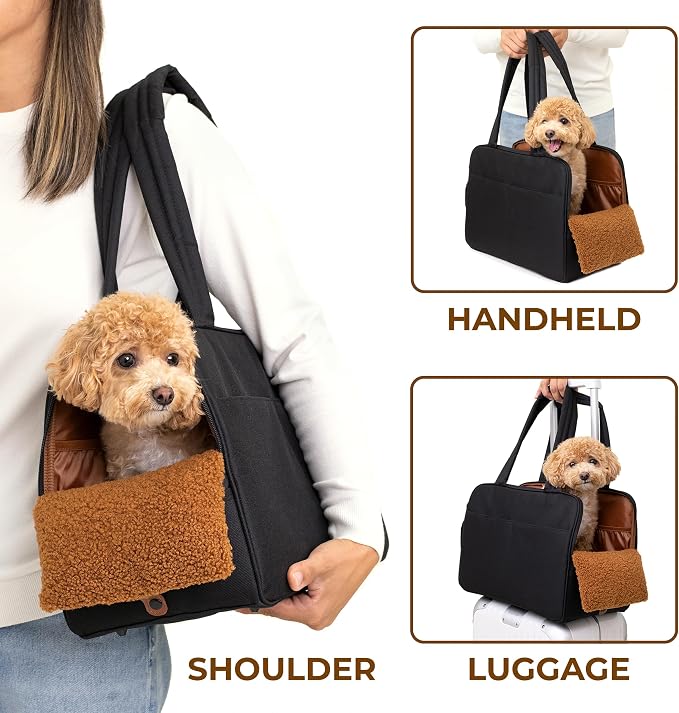 Black Dog Purse Carrier for Small Dogs – Cotton Padded Interior, Multiple Pockets, Breathable Mesh & Comfortable Strap, Durable Polyester Travel Bag, Lightweight Cat Carrier, Versatile Small Pet Bag