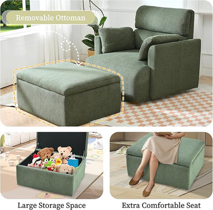 QKFF Modern Oversized Accent Chair with Storage Ottoman & Side Pillows, Snowflake Fleece Upholstered Chaise Lounge Chair, Deep Seat Reading Chair for Living Room, 350lbs Capacity